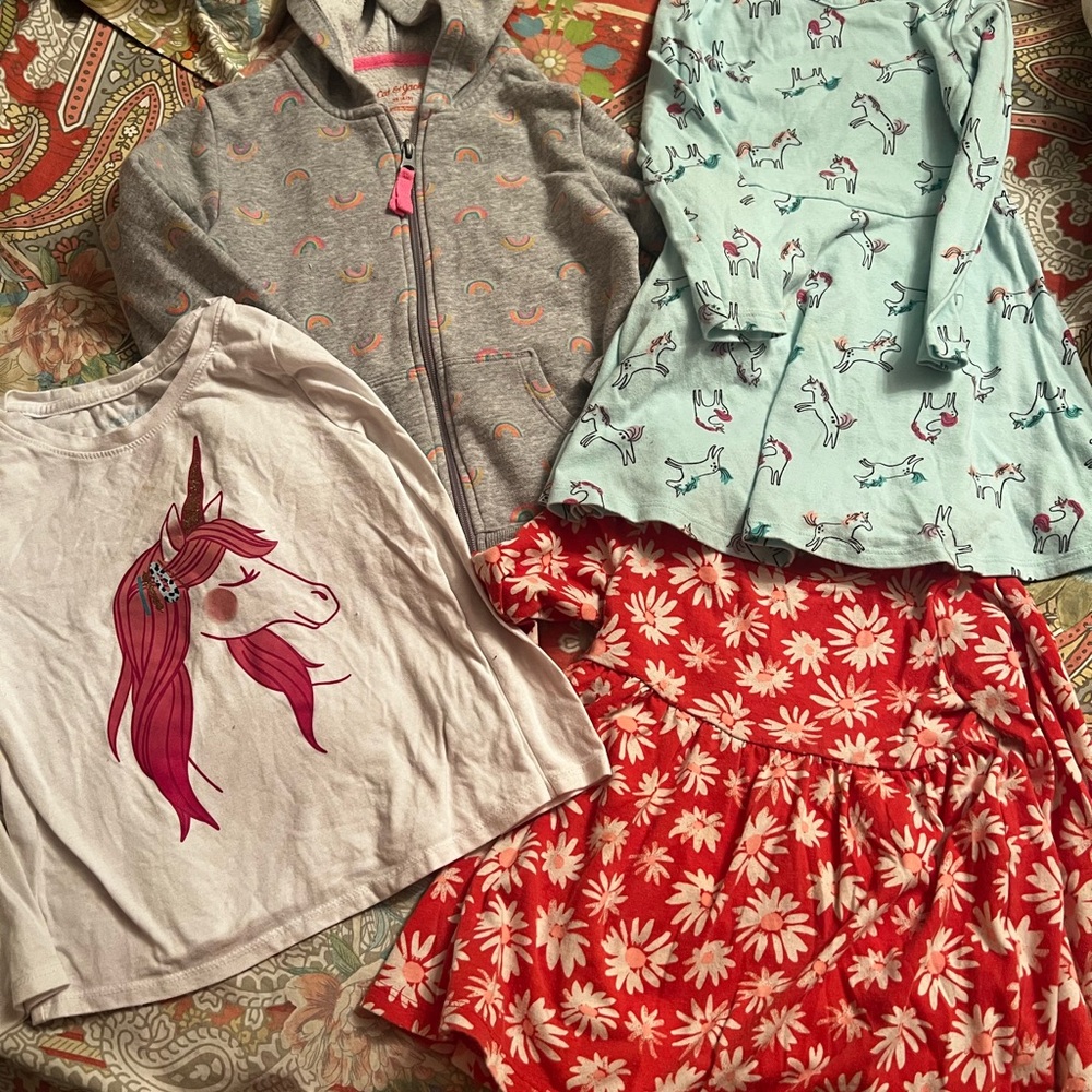 Kids' Clothing Bundle Unicorn, Red Top, Dress w horses, gray jacket 4T